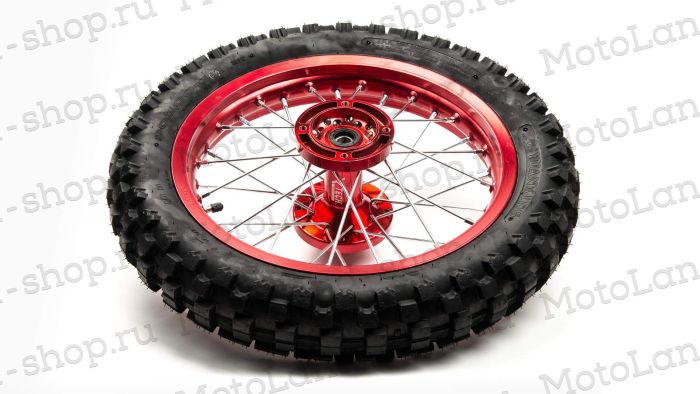 Обод задний 14" (1,85-R14 d=15mm) 90/100-14" CNC ступица, с резиной, алюминий/красный