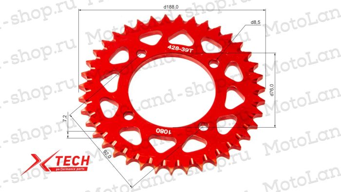 Венец, звезда ведомая (428H-39) X-TECH PIT BIKE 125-190 4х90х76 алюминиевая с самоочисткой